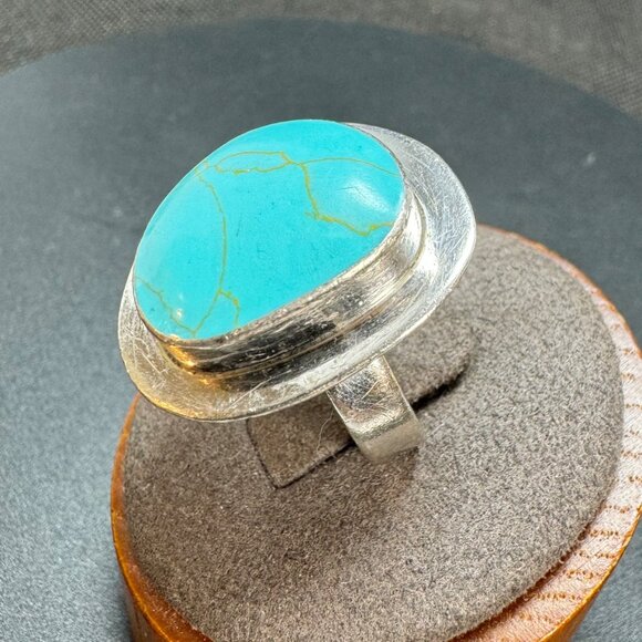 VTG Sterling Silver 925 Turquoise Bezel Set Southwestern Style Ring Size 6.75 - Picture 2 of 10
